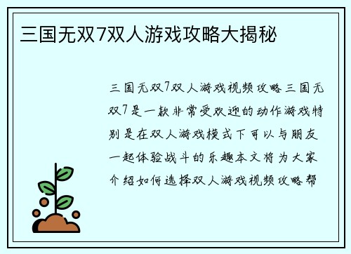 三国无双7双人游戏攻略大揭秘